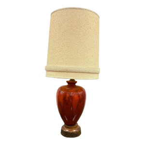 Mid-Century Modern 1960’s Drip Glaze Ceramic Table Lamp With Textured Shade – Retro Rust & Brown