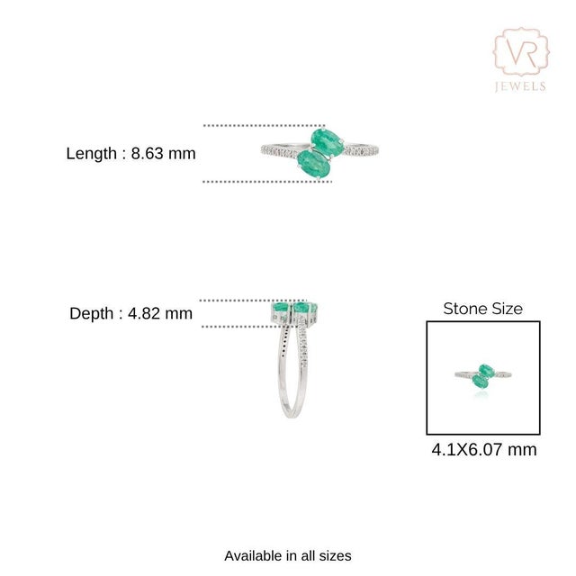 Toi Et Moi 1ct Oval Emerald & Diamond Bypass Ring in 14k White Gold Size 4 For Sale - Image 12 of 16
