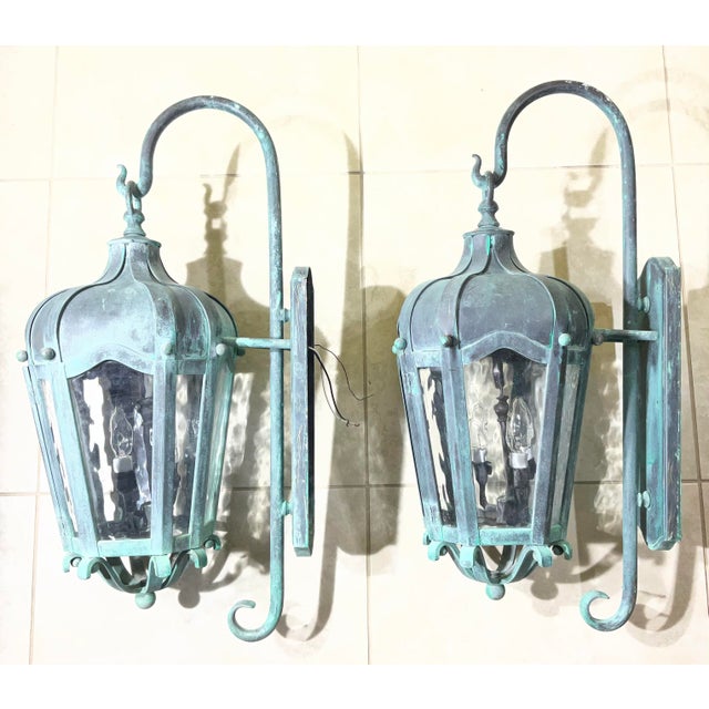 Turquoise Pair of Vintage Large Solid Brass Outdoor Wall Lanterns For Sale - Image 8 of 17