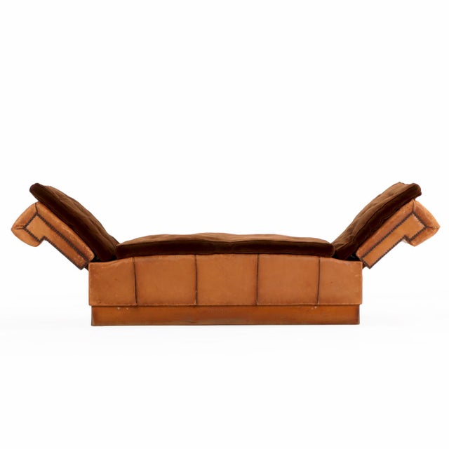 Art Deco Circa 1920 Art Deco Modular Cognac Leather Chaise Lounge With Velvet Cushions For Sale - Image 3 of 8