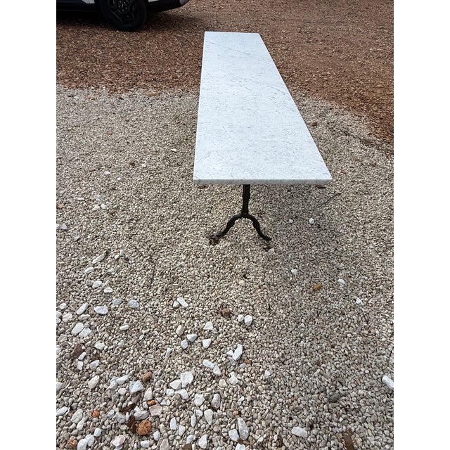 1940s Long Vintage French Art Deco Double Base Cast Iron Carrara Marble Top Bistro Table or Dining Table For Sale - Image 11 of 12