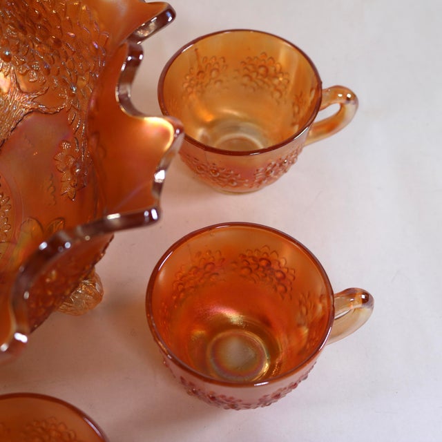 Early 20th Century Early 20th Century Fenton Marigold Carnival Glass "Orange Tree" Footed Master Fruit Bowl & Cup Set - 7 Pieces For Sale - Image 5 of 11