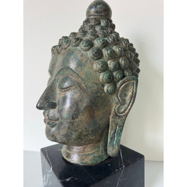 Hollywood Regency Vintage Verdigris Bronze Buddha Head Sculpture on Black Marble Base For Sale - Image 3 of 12