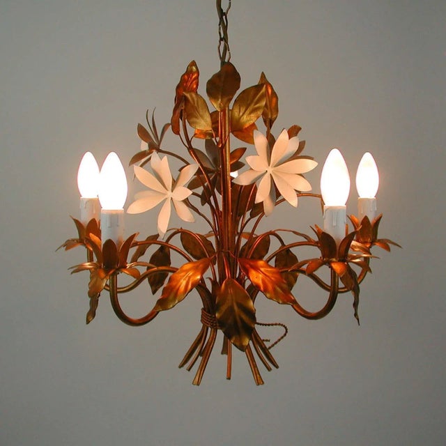 Mid-Century 5-Light Gilt Leaf & White Blossom Chandelier by Hans Kögl, 1970s For Sale - Image 5 of 18