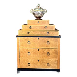 1980s Biedermeier Style Burl Wood Highboy Chest of Drawers By Baker Furniture For Sale