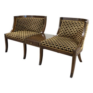 Vintage Mahogany Two-Seat Conversation Settee With Central Table and Drawer For Sale
