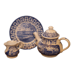 Vintage 1977 Silver Jubilee Queen Elizabeth II Commemorative Blue & White Broadhurst Tea Set: Teapot, Milk Jug, Tea Plate - Set of 3