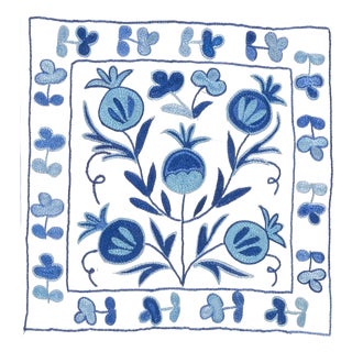 Uzbek Suzani Hand Embroidery Silk Cushion Cover in Cream and Blue Color. 17"x19" For Sale