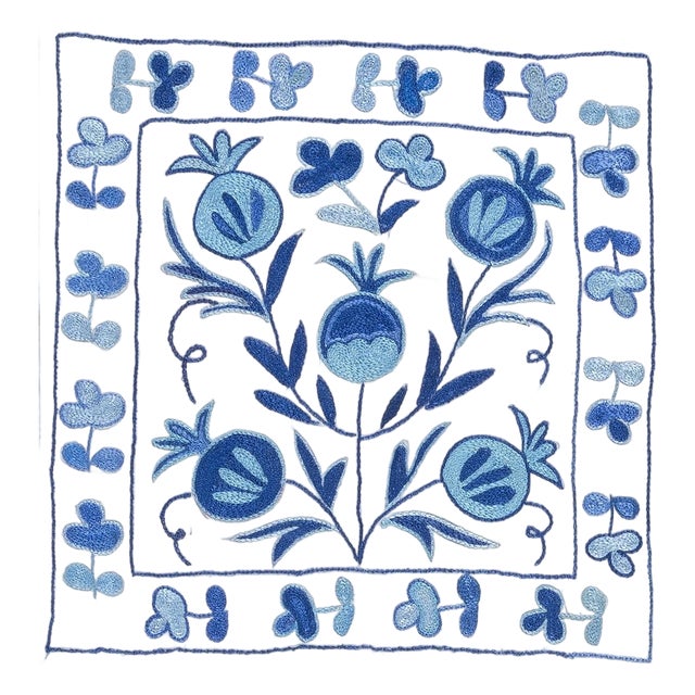 Uzbek Suzani Hand Embroidery Silk Cushion Cover in Cream and Blue Color. 17"x19" For Sale