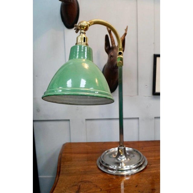 Antique Brass and Green Enamel Gooseneck Reading Lamp, 1920 For Sale - Image 3 of 7