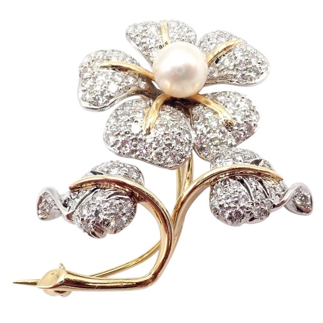 Contemporary Vintage Tiffany & Co. Yellow Gold Platinum Diamond Pearl Pin Brooch For Sale - Image 3 of 12