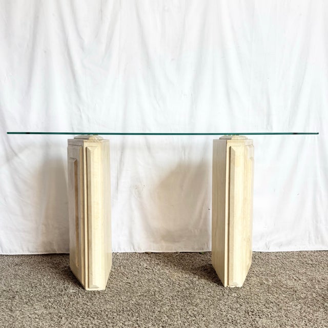 Postmodern Vintage Glass Top Travertine Pedestal Console Table For Sale - Image 3 of 12