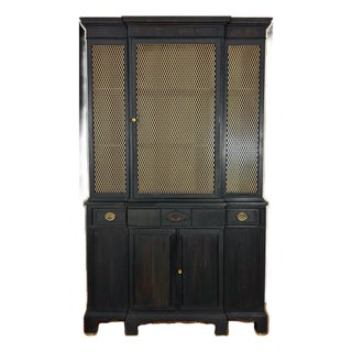 Mid 20th Century Modern Hollywood Regency-Inspired Ebony Display Cabinet With Brass Mesh Door For Sale