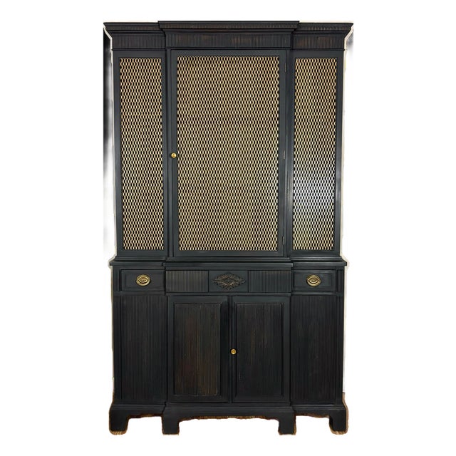 Mid 20th Century Modern Hollywood Regency-Inspired Ebony Display Cabinet With Brass Mesh Door For Sale