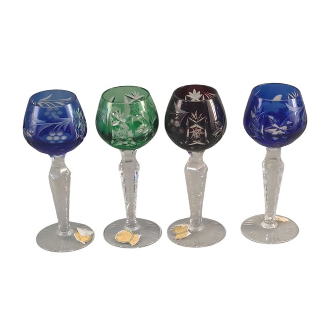 Glass Vintage Bohemian Cut Glass Multi Color Set of 4 Cordial Glasses For Sale - Image 7 of 7