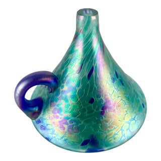 Vintage Iridescent Oil Lamp Art Glass Loop Handle Green Blue Rainbow For Sale