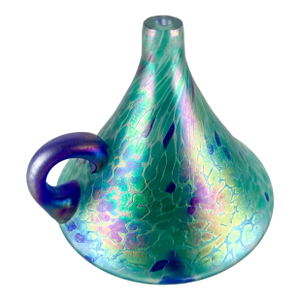 Vintage Iridescent Oil Lamp Art Glass Loop Handle Green Blue Rainbow