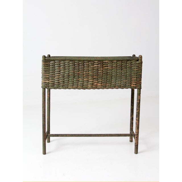 1930s Antique Green Painted Wicker Jardinière Planter With Metal Liner For Sale - Image 5 of 17