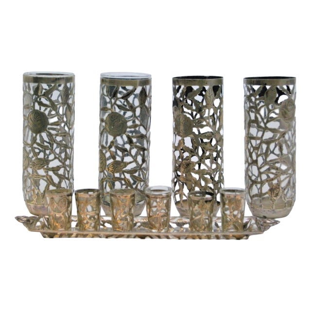 Glass Cups with Cut-Out Silver Application and Tray with Trim, Set of 10 For Sale