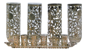 Glass Cups with Cut-Out Silver Application and Tray with Trim, Set of 10