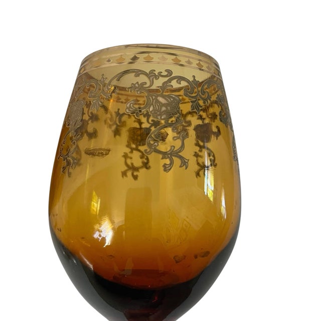 Vintage Amber & Gold Gilt Bohemian Decanter & 4 Wine Glasses. MCM For Sale - Image 11 of 11