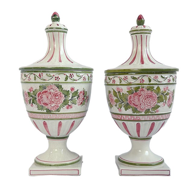 1970s Mid 20th Century Italian Meiselman Imports Hand-Painted Pink & Green Lidded Urns – A Pair For Sale - Image 5 of 8