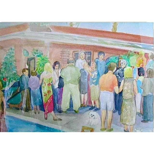 David Hockney 1970s Original Palm Springs Hysterical Society Poolside Gossip Party Watercolor Framed Paintingi For Sale - Image 4 of 9