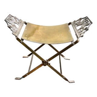 1930s Oscar Bach Style Iron X-Base Bench Stool With Winged Griffins For Sale