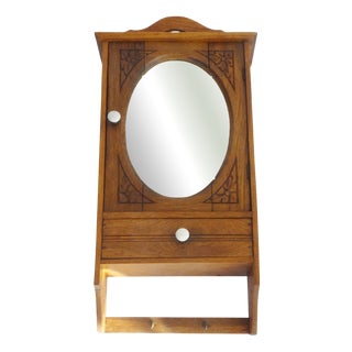 Small Wooden Hanging Cabinet with Oval Mirror, 1940s For Sale
