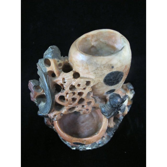 Chinese Carved Soapstone Foo Dog Sculpture Double Brush Pot Inkwell Vase For Sale - Image 9 of 10