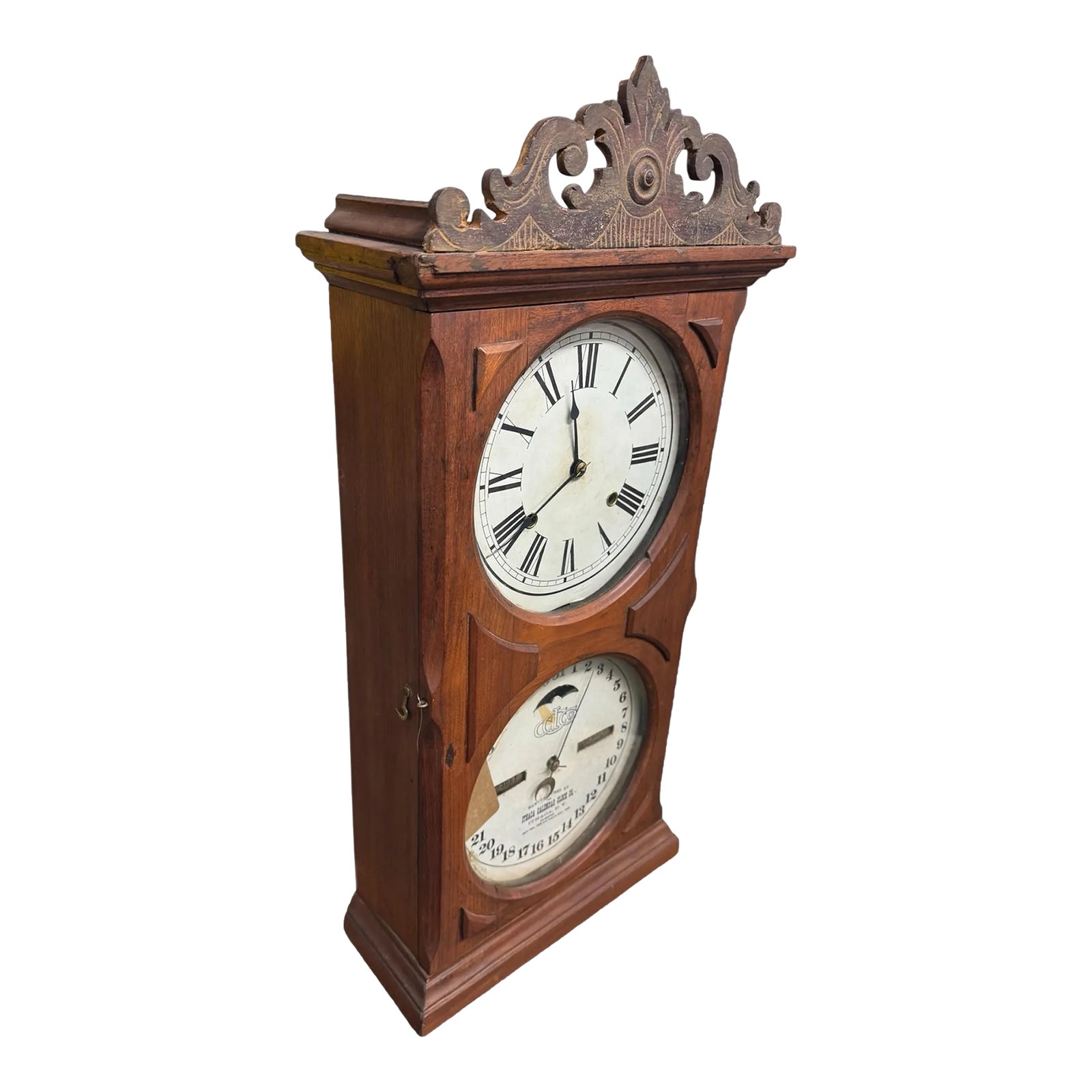 Antique Victorian Walnut Ithaca Double Dial Calendar Clock | Chairish