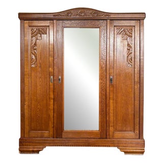 Vintage Art Deco Wardrobe with Mirror in Oak, 1930 For Sale