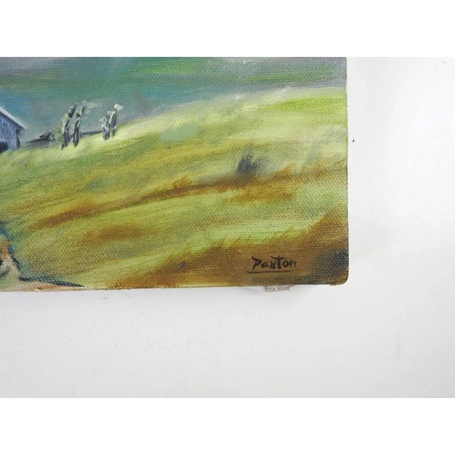 Late 20th century oil on canvas mountain ranch in thunderstorm landscape painting. Signed Paxton lower right corner....