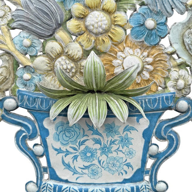 Pair of Painted Tole Wall-Mounted Urns With Flowers For Sale - Image 14 of 17