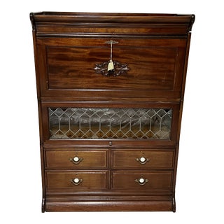 Vintage Leaded Glass Barrister Bookcase Desk Mother of Pearl For Sale