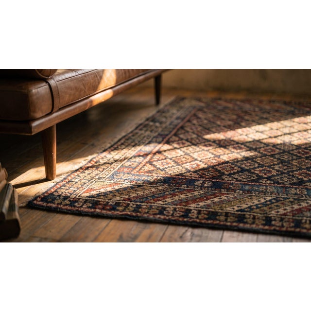 Early 20th Century 1900s Black Geometric Tribal Antique Caucasian Shirvan Rug 3'7" X 4'9" Handknotted Wool Carpet For Sale - Image 5 of 7