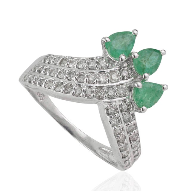 Victorian Victorian Inspired Certified 1.14 Ct Pear Cut Emerald & Diamond Crown Cocktail Ring Size 8 For Sale - Image 3 of 14
