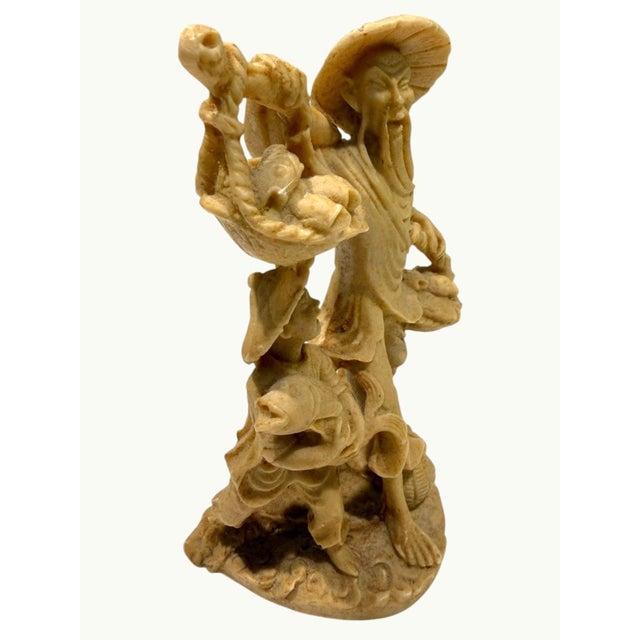 Vintage Chinese Carved Soapstone Fisherman & Boy Fish Basket Sculpture 7" For Sale In Dallas - Image 6 of 13