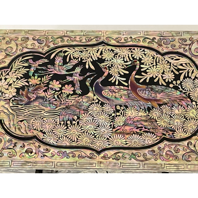 1940s 1940s Spectacular Mother of Pearl Inlayed Jewelry Box With Birds of Patadise For Sale - Image 5 of 7