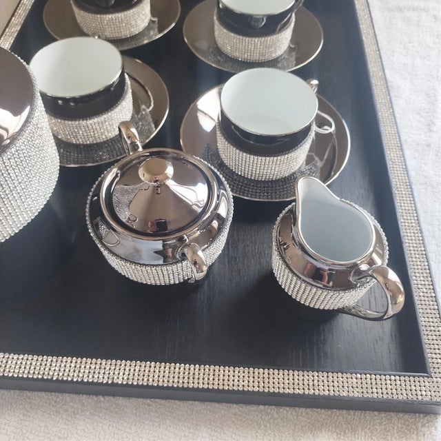 Sophie Villepigue Paris Platinum Limoges Swarovski Crystal Tea/Coffee Set & Tray - Service for 4 For Sale - Image 10 of 17