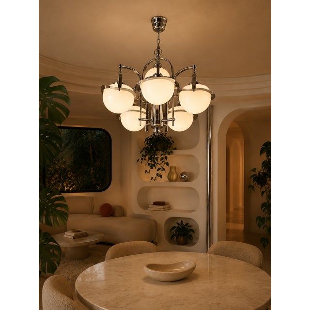 Art Deco Five-Light Chandelier in Chrome and Opaline Glass, 1930s For Sale - Image 3 of 6