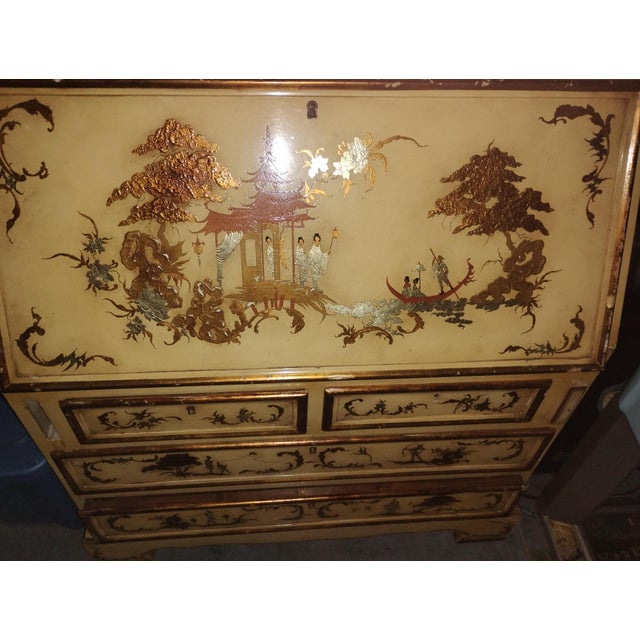 Stunning Vintage Mid-Century Spanish Chinoiserie Secretary Desk ​Add a dramatic, Hollywood Regency-style statement to your...