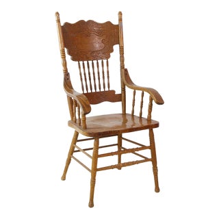 Mid 20th Century Vintage Pressed Spindle Back Oak Wood Captains Chair For Sale