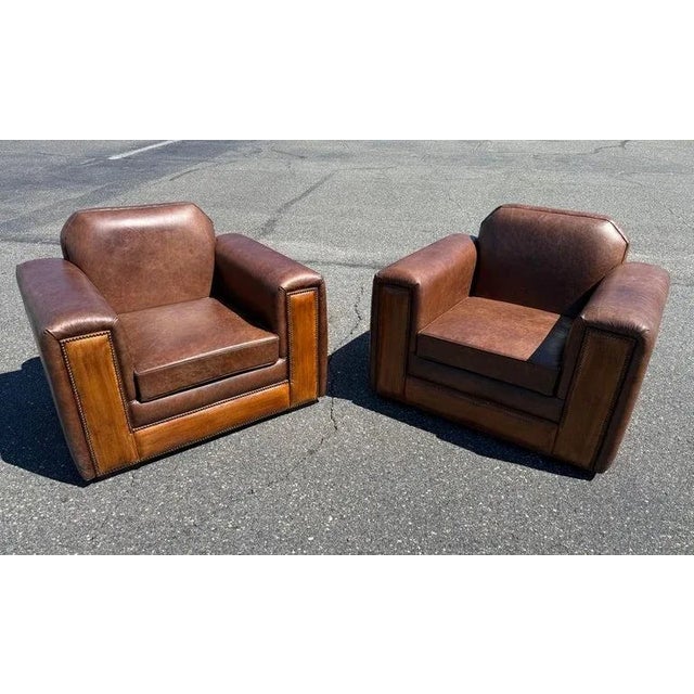 Animal Skin Pair of Fully Restored French Art Deco Two-Tone Leather Club Chairs For Sale - Image 7 of 15