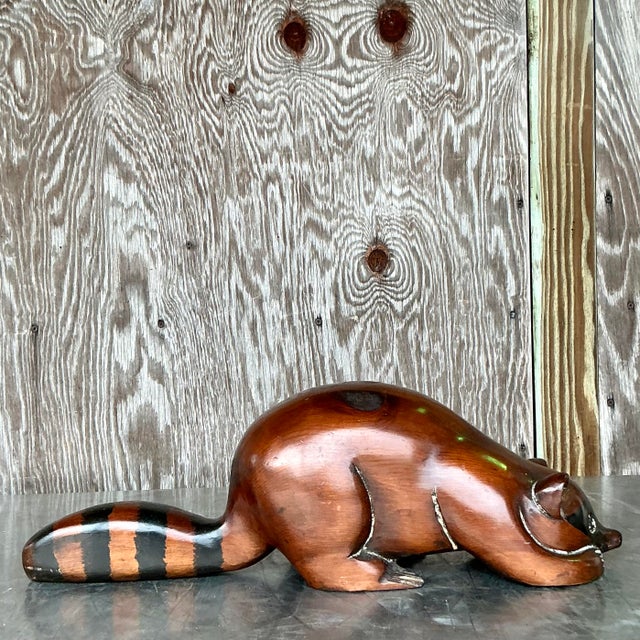 Rustic Vintage Boho Carved Wood Raccoon For Sale - Image 3 of 10