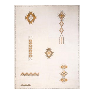 1960s White Gold Geometric Rabat Tribal Vintage Moroccan Rug 9' 10" X 13' Handknotted Wool Carpet For Sale