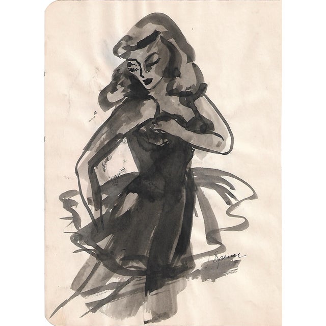 1950s MCM figure by artist Virginia Spencer from a sketchbook of San Francisco scenes. Signed lower right. Combined...