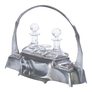 1900s Art Nouveau Hugo Leven for Kayserzinn Pewter and Crystal Cruet Set For Sale