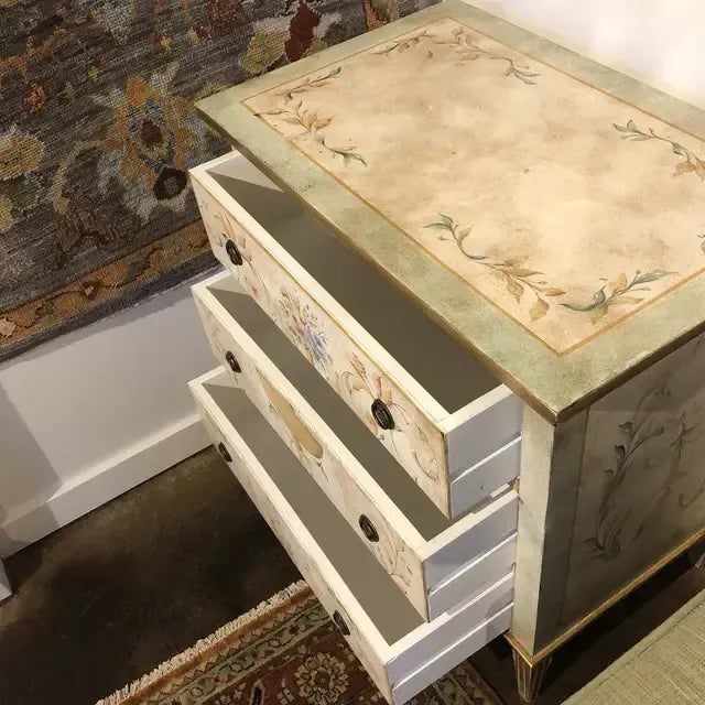 1990s Vintage Italian Hand-Painted Three Drawer Light Green/Ivory Chest For Sale - Image 4 of 13