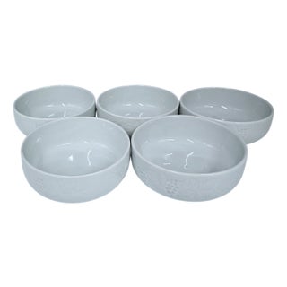 VTG Korean Celadon Blue Soup Salad Bowls Grapes/Grape Leaf Pattern 5 Pc For Sale